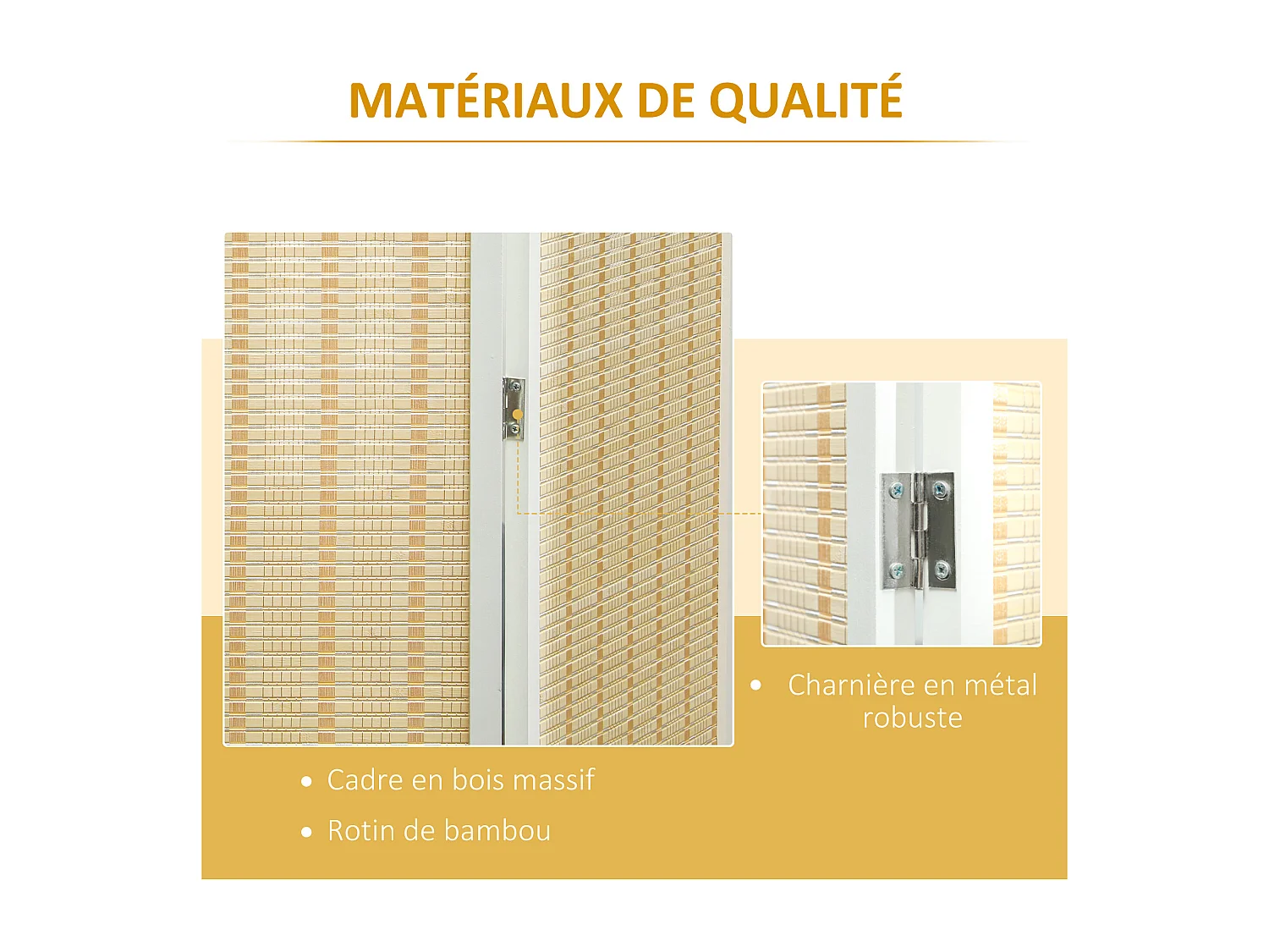 Paravent intérieur séparateur de pièce pliable 4 panneaux dim. 180L x 180H cm bois pin bambou coton blanc