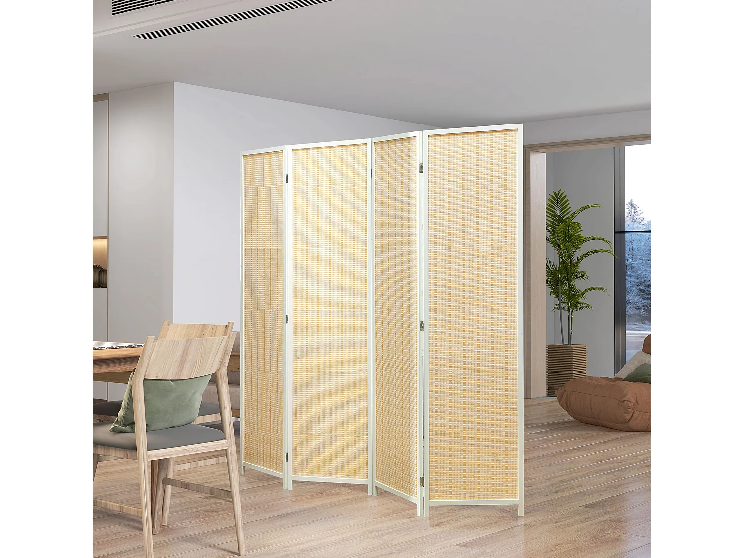 Paravent intérieur séparateur de pièce pliable 4 panneaux dim. 180L x 180H cm bois pin bambou coton blanc