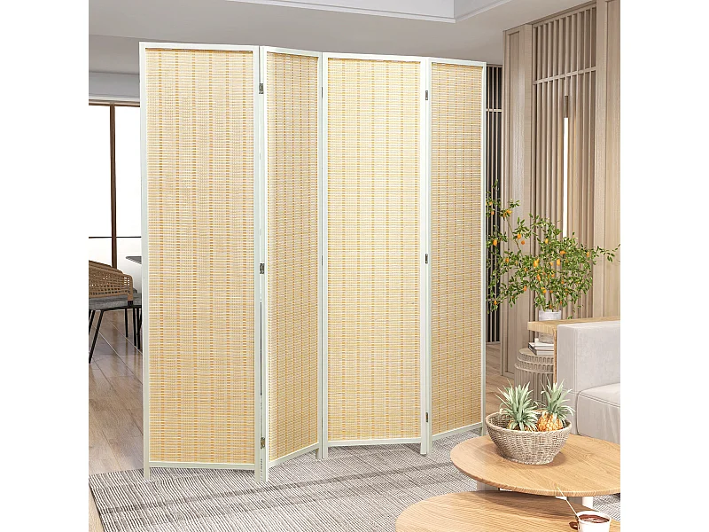 Paravent intérieur séparateur de pièce pliable 4 panneaux dim. 180L x 180H cm bois pin bambou coton blanc