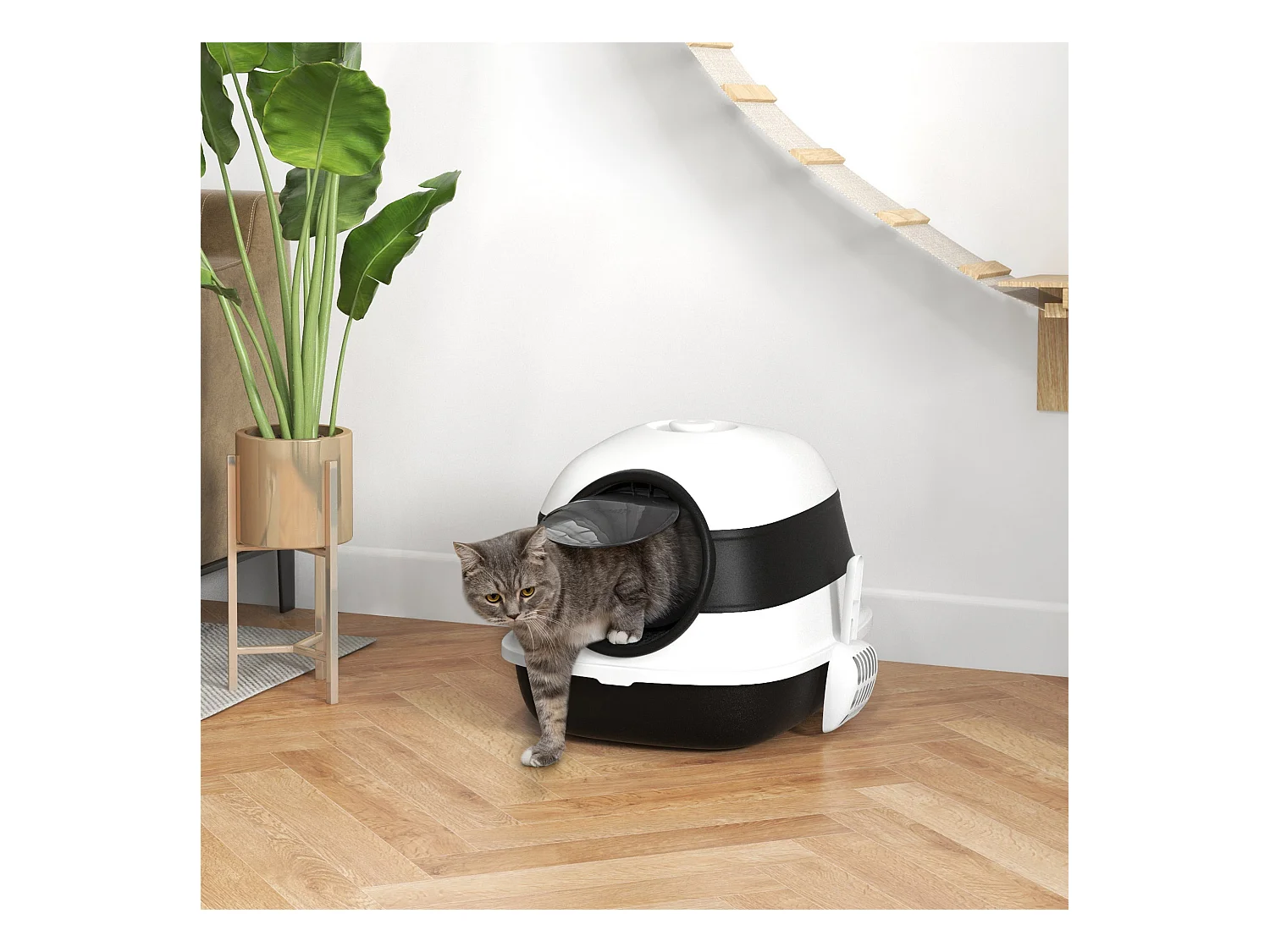 Maison de toilette pliable - bac à litière chat avec porte battante, pelle et filtre inclus - ABS PP blanc noir