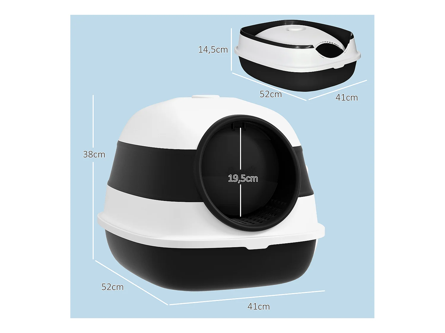 Maison de toilette pliable - bac à litière chat avec porte battante, pelle et filtre inclus - ABS PP blanc noir