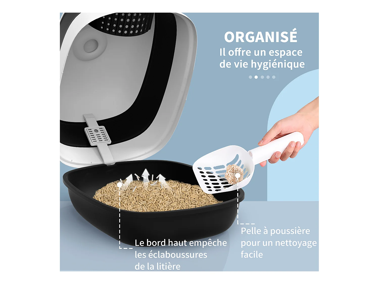 Maison de toilette pliable - bac à litière chat avec porte battante, pelle et filtre inclus - ABS PP blanc noir