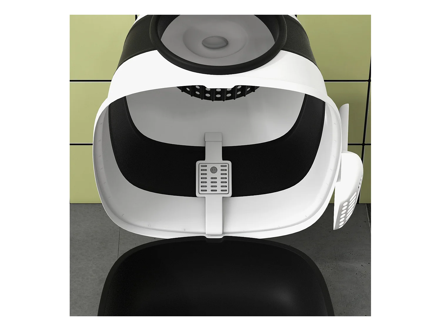 Maison de toilette pliable - bac à litière chat avec porte battante, pelle et filtre inclus - ABS PP blanc noir