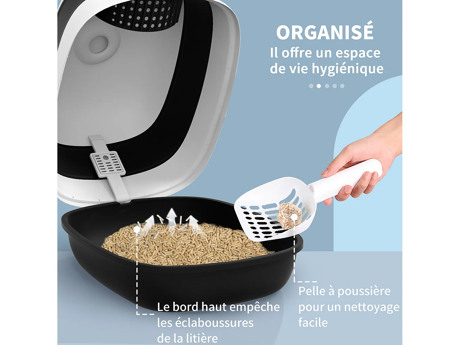 Maison de toilette pliable - bac à litière chat avec porte battante, pelle et filtre inclus - ABS PP blanc noir