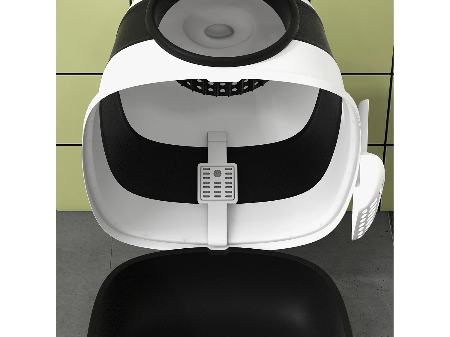 Maison de toilette pliable - bac à litière chat avec porte battante, pelle et filtre inclus - ABS PP blanc noir