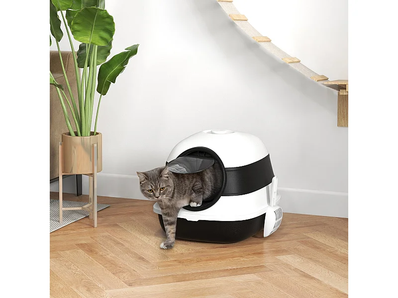 Maison de toilette pliable - bac à litière chat avec porte battante, pelle et filtre inclus - ABS PP blanc noir