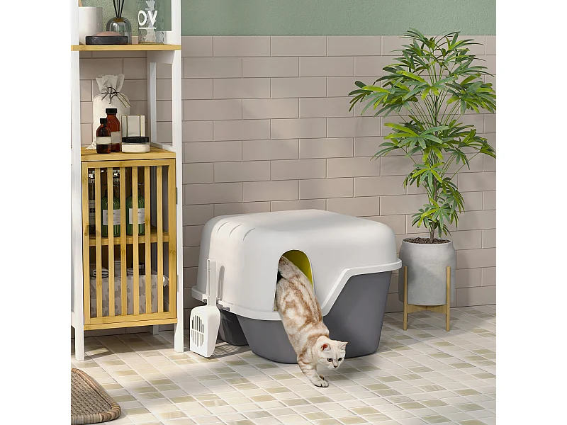 Bac à litière chat semi-fermé - couvercle supérieur verrouillable ouvrable, pelle - 50 x 50 x 39 cm - PP crème