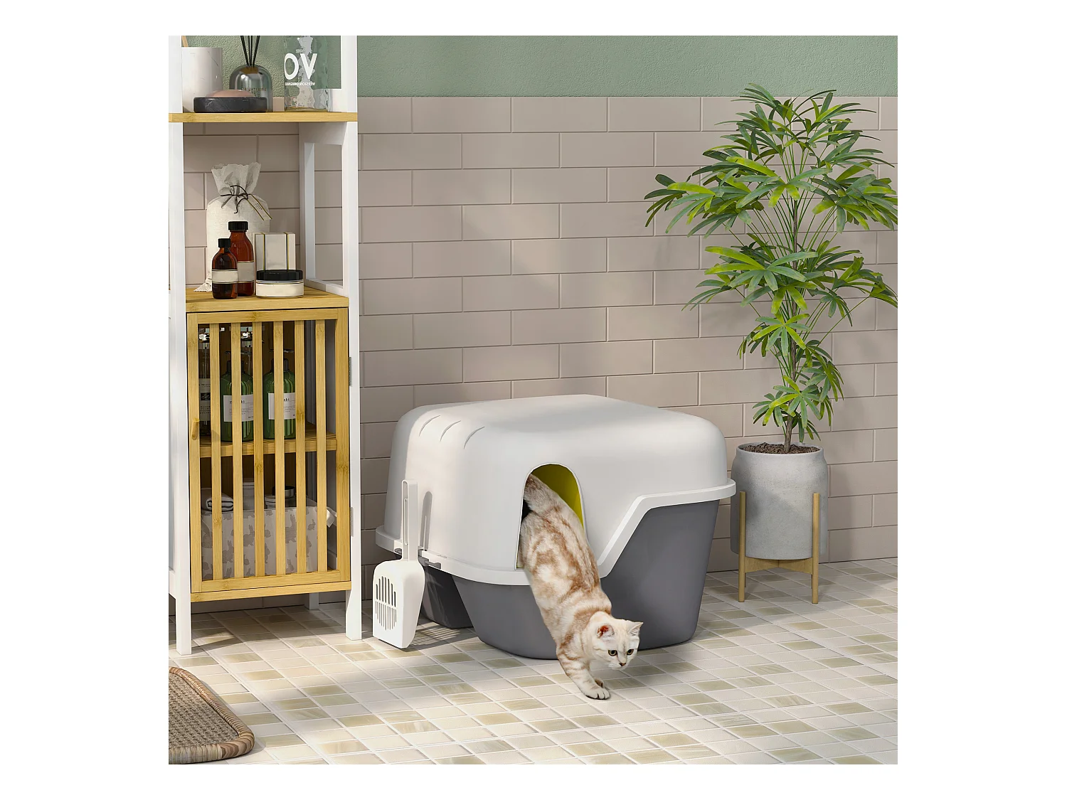 Bac à litière chat semi-fermé - couvercle supérieur verrouillable ouvrable, pelle - 50 x 50 x 39 cm - PP crème