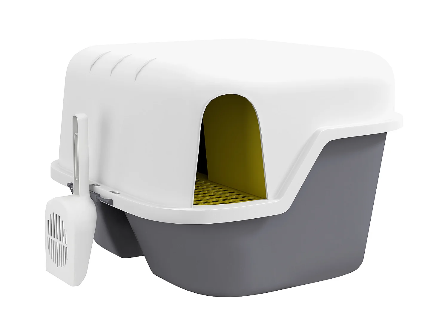 Bac à litière chat semi-fermé - couvercle supérieur verrouillable ouvrable, pelle - 50 x 50 x 39 cm - PP crème