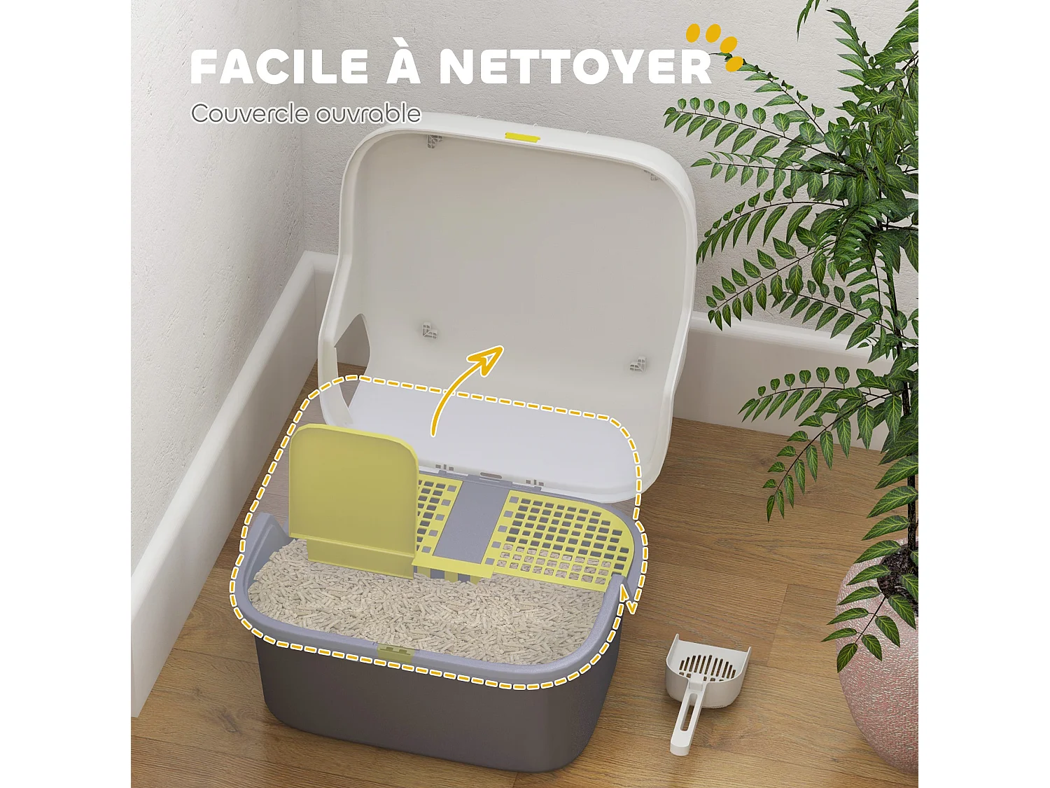 Bac à litière chat semi-fermé - couvercle supérieur verrouillable ouvrable, pelle - 50 x 50 x 39 cm - PP crème