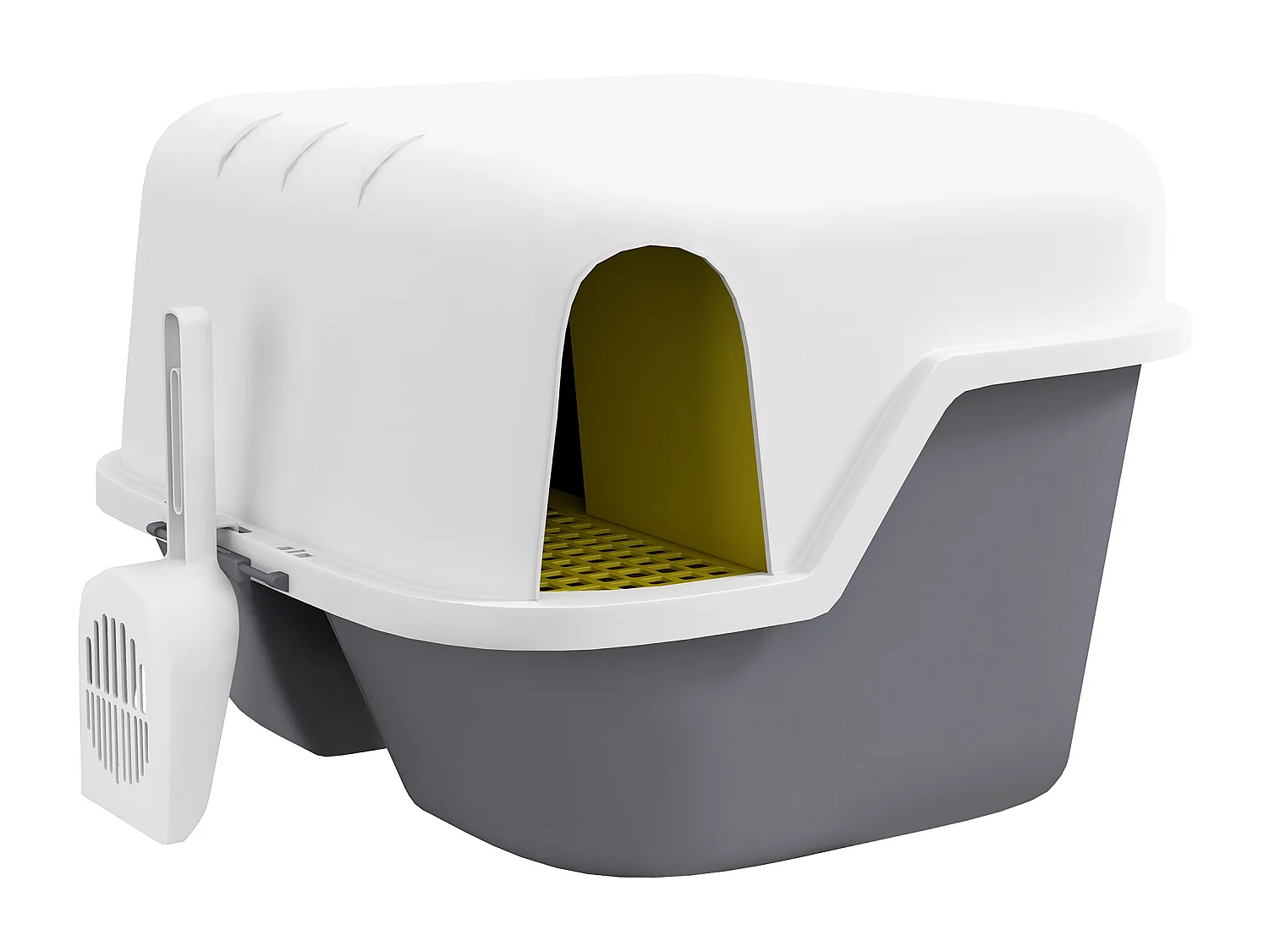 Bac à litière chat semi-fermé - couvercle supérieur verrouillable ouvrable, pelle - 50 x 50 x 39 cm - PP crème