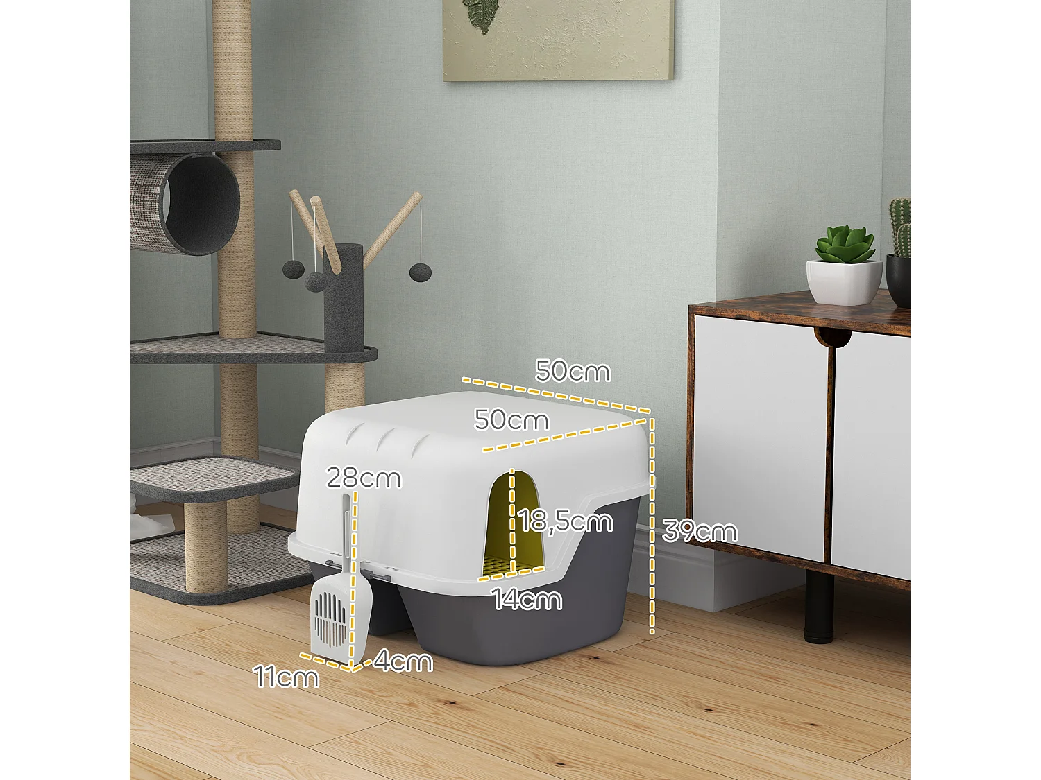 Bac à litière chat semi-fermé - couvercle supérieur verrouillable ouvrable, pelle - 50 x 50 x 39 cm - PP crème