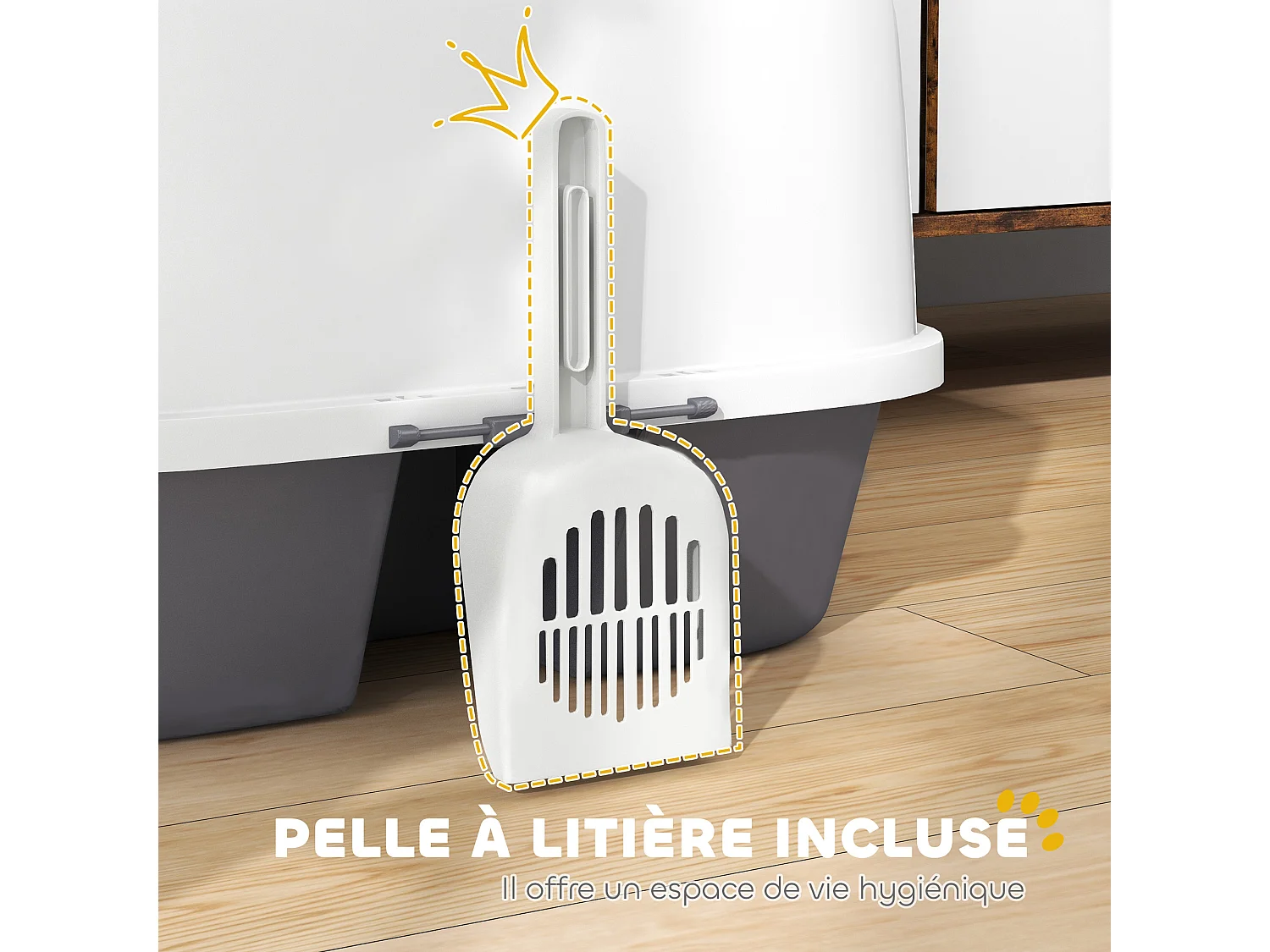 Bac à litière chat semi-fermé - couvercle supérieur verrouillable ouvrable, pelle - 50 x 50 x 39 cm - PP crème