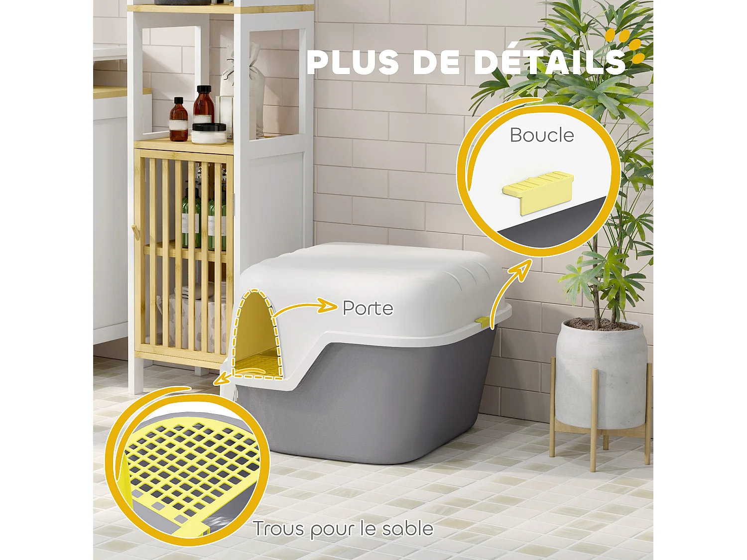 Bac à litière chat semi-fermé - couvercle supérieur verrouillable ouvrable, pelle - 50 x 50 x 39 cm - PP crème