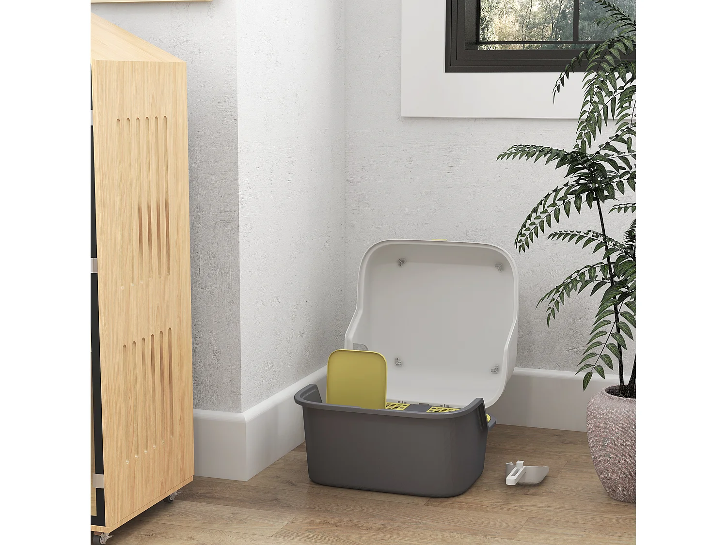 Bac à litière chat semi-fermé - couvercle supérieur verrouillable ouvrable, pelle - 50 x 50 x 39 cm - PP crème