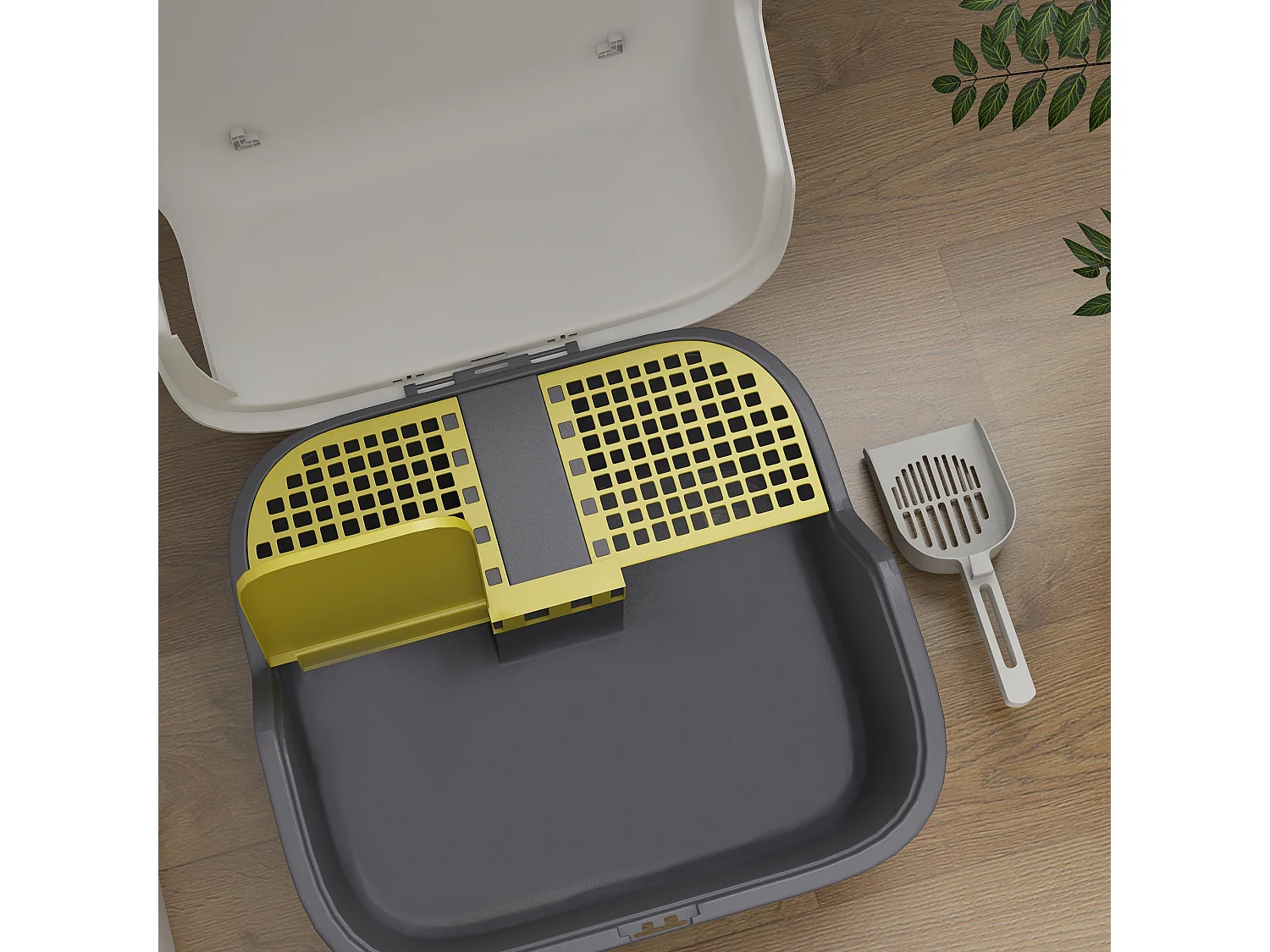 Bac à litière chat semi-fermé - couvercle supérieur verrouillable ouvrable, pelle - 50 x 50 x 39 cm - PP crème