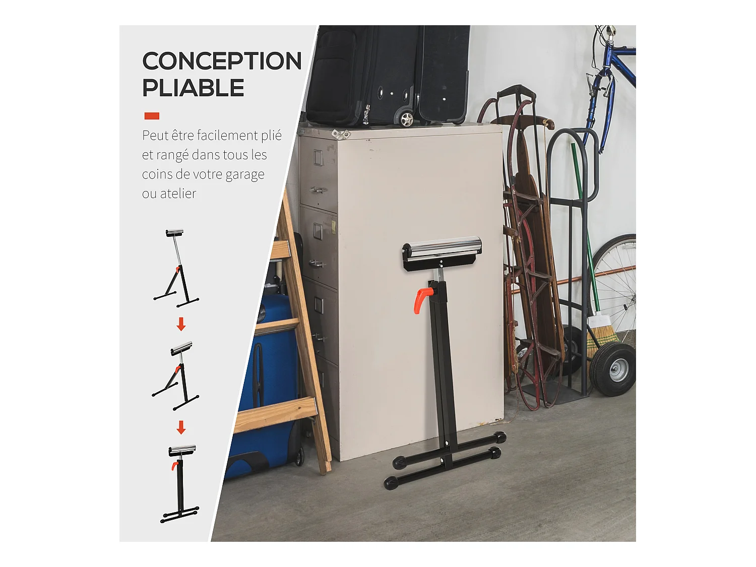 Servante à rouleau pliable - servante d'atelier à rouleau - max 90 Kg - H. 68-110 cm - métal rouge noir