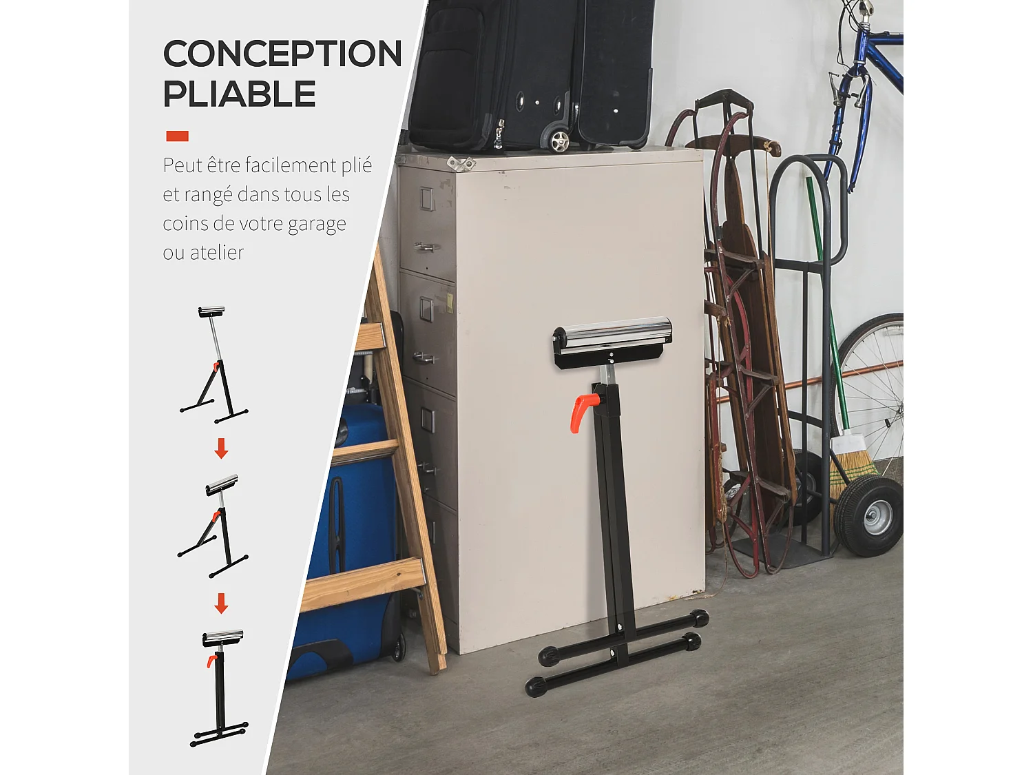 Servante à rouleau pliable - servante d'atelier à rouleau - max 90 Kg - H. 68-110 cm - métal rouge noir