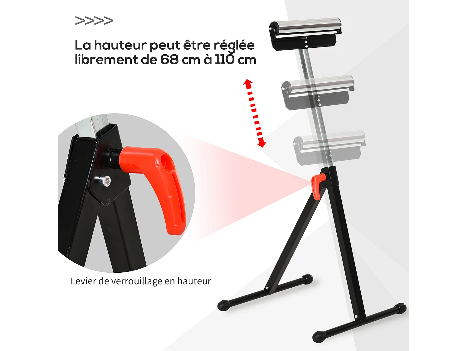 Servante à rouleau pliable - servante d'atelier à rouleau - max 90 Kg - H. 68-110 cm - métal rouge noir