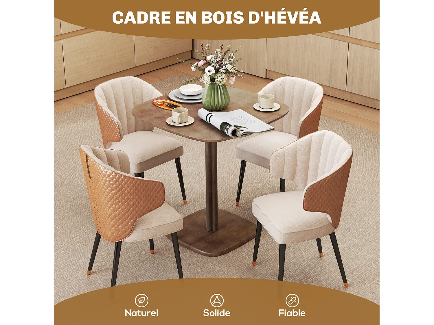 Table à manger design finition biseautée 4 personnes dim. 70 x 70 x 75 cm bois hévéa coloris foncé