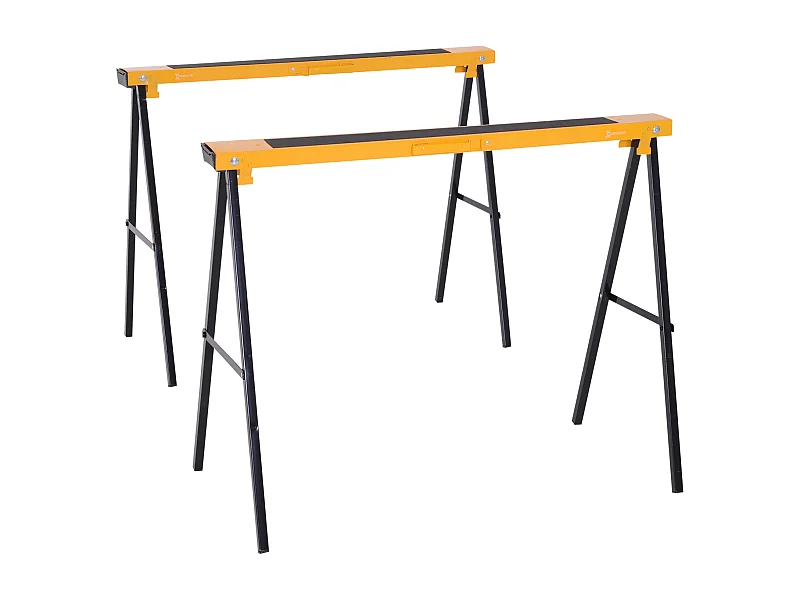 HOMCOM Lot de 2 tréteaux pliables compactes poignée transport dim. 100L x 50l x 76H cm surface antidérapante métal noir jaune