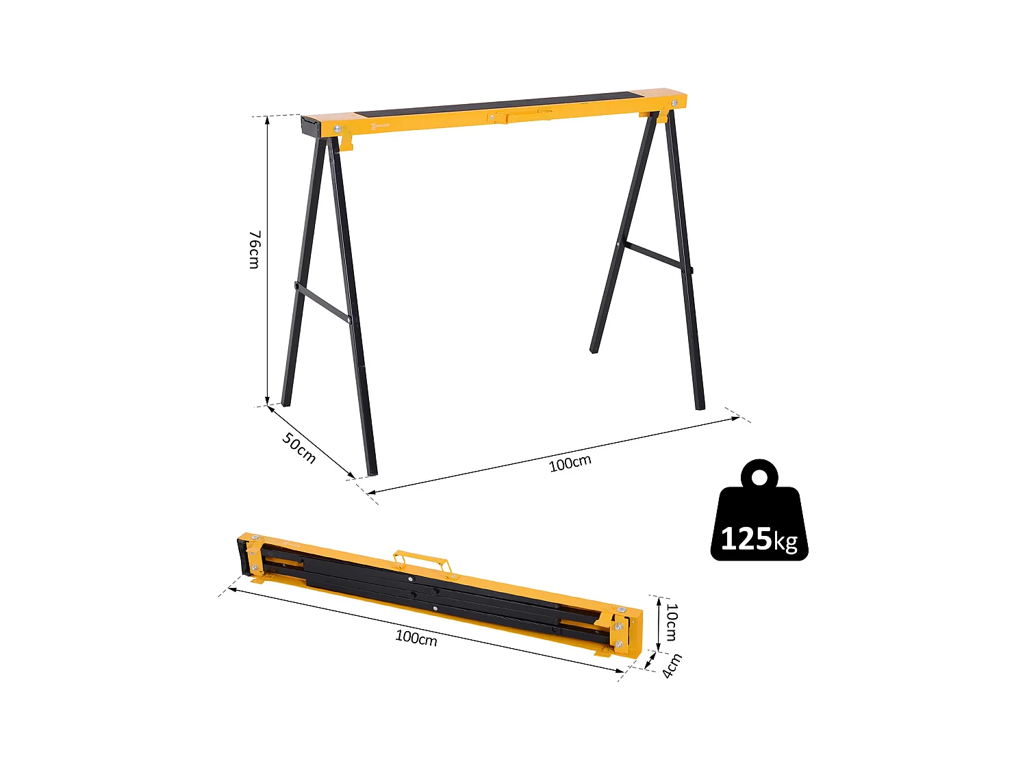 HOMCOM Lot de 2 tréteaux pliables compactes poignée transport dim. 100L x 50l x 76H cm surface antidérapante métal noir jaune