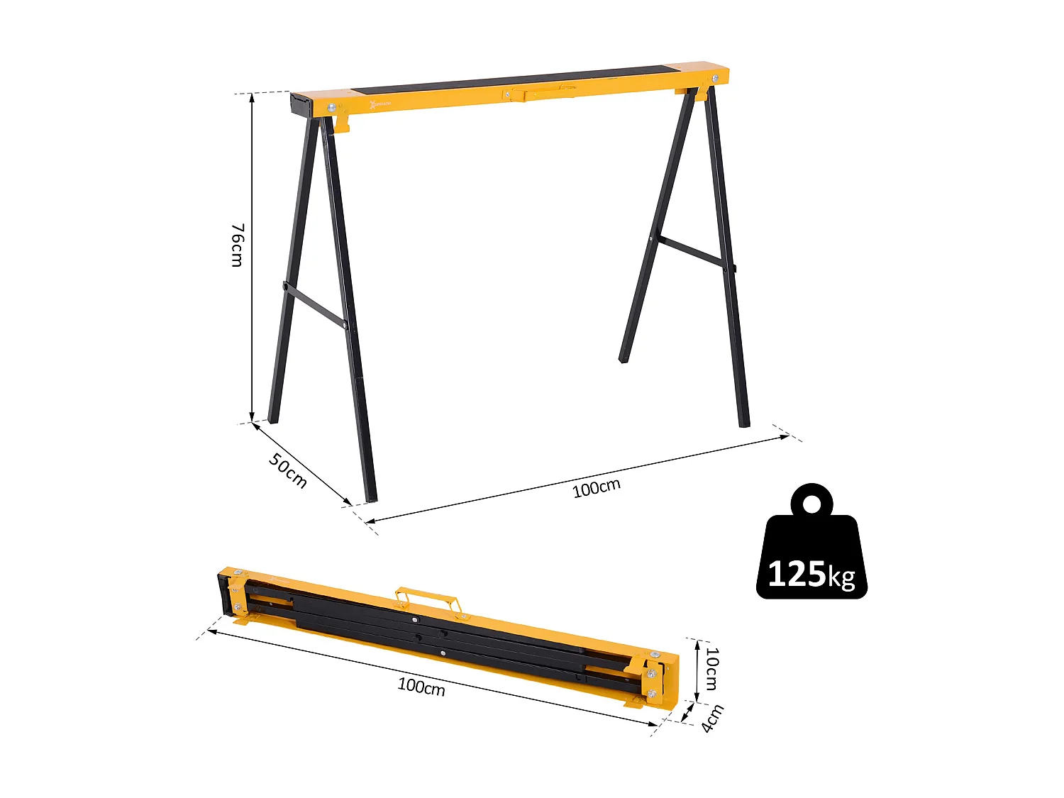 HOMCOM Lot de 2 tréteaux pliables compactes poignée transport dim. 100L x 50l x 76H cm surface antidérapante métal noir jaune