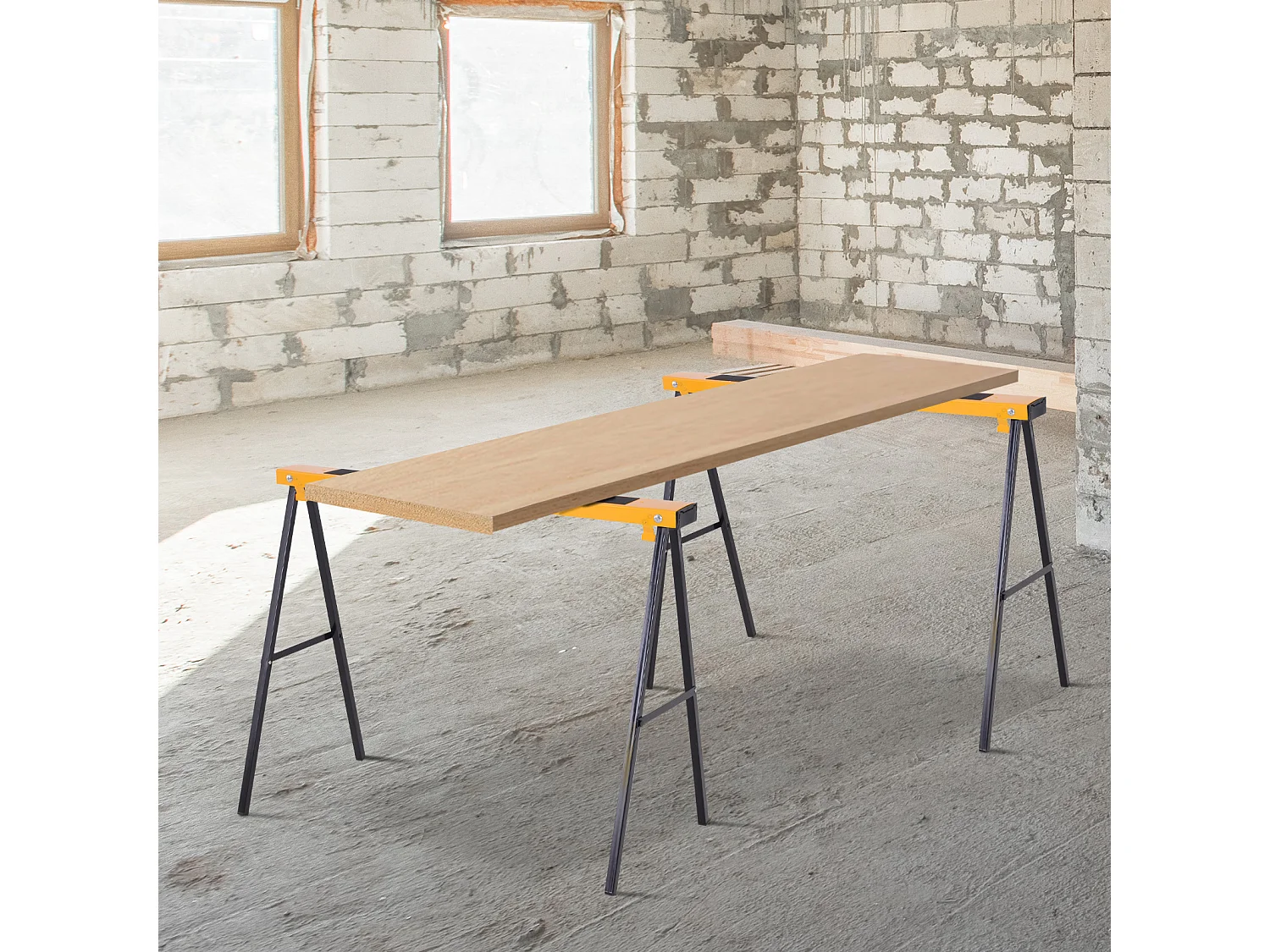 HOMCOM Lot de 2 tréteaux pliables compactes poignée transport dim. 100L x 50l x 76H cm surface antidérapante métal noir jaune