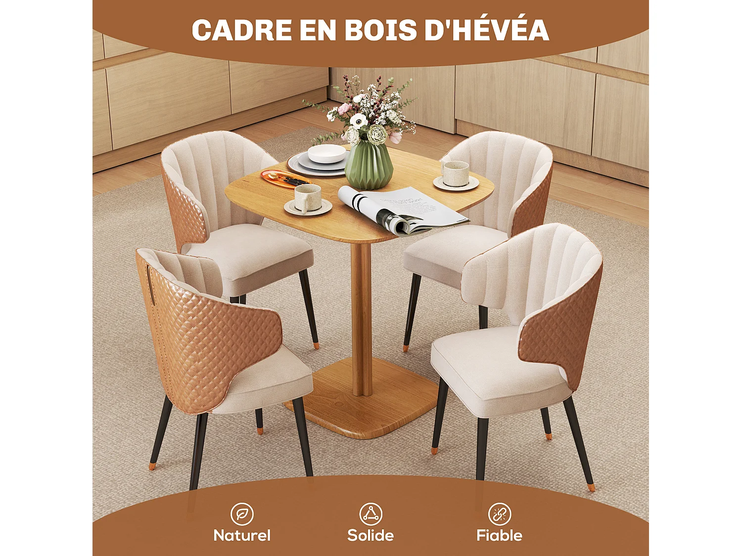 Table à manger design finition biseautée 4 personnes dim. 70 x 70 x 75 cm bois hévéa coloris naturel