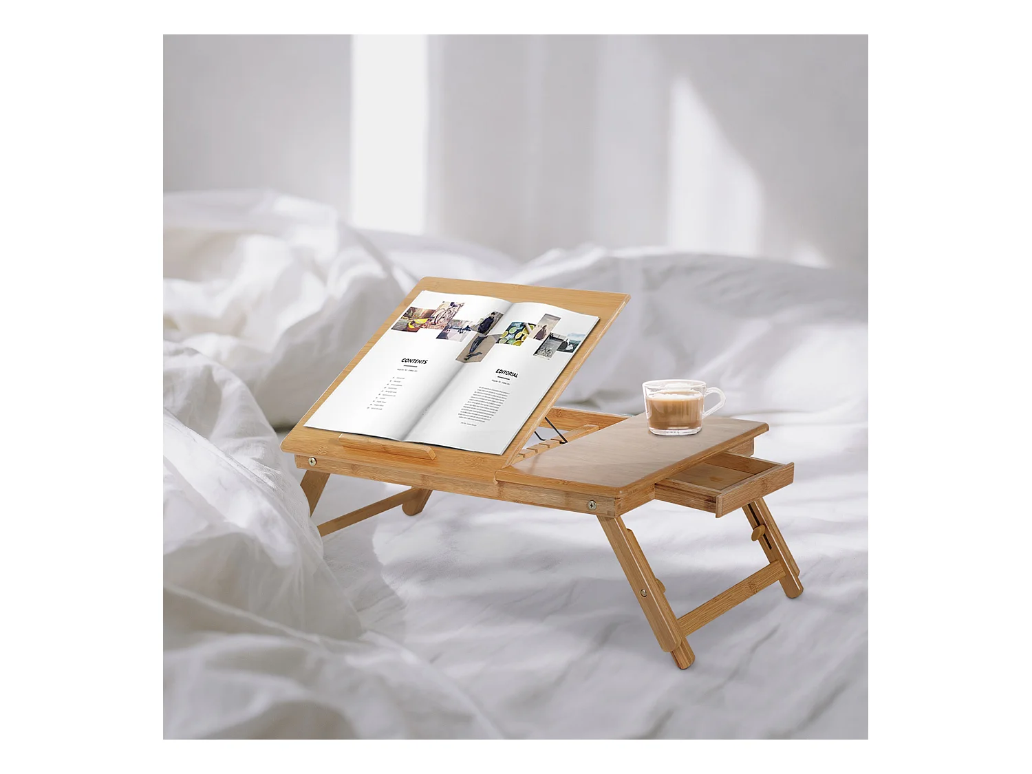 Table de lit pour ordinateur pliable réglable tiroir évents cale porte-gobelet bambou verni