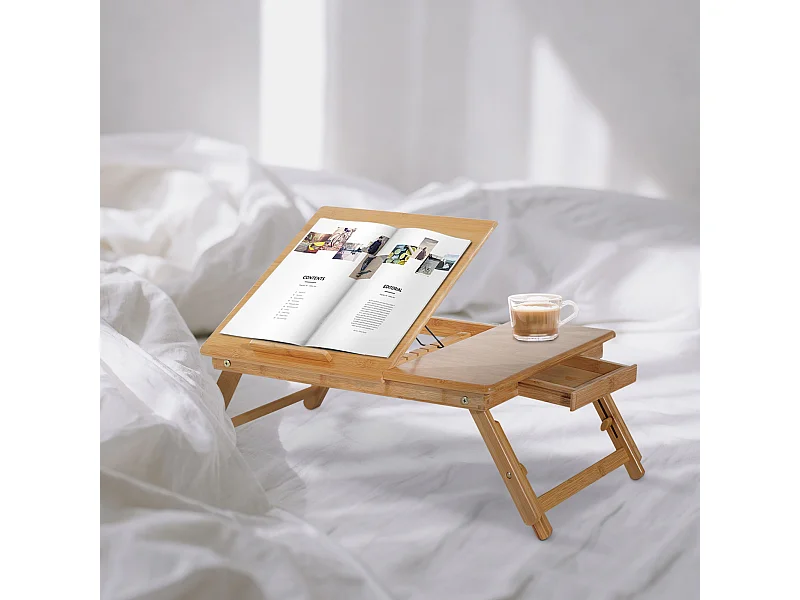Table de lit pour ordinateur pliable réglable tiroir évents cale porte-gobelet bambou verni