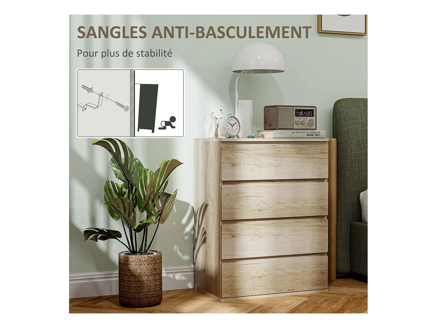 Commode 4 tiroirs dim. 60L x 40l x 80H cm effet bois