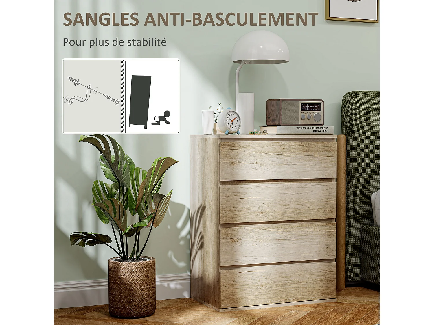 Commode 4 tiroirs dim. 60L x 40l x 80H cm effet bois