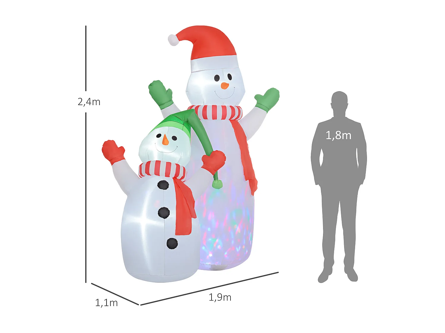 Décoration Noël gonflable dim. 190L x 110l x 240H cm - Bonhomme de neige gonflable de Noël extérieur intérieur LED rotatives colorées