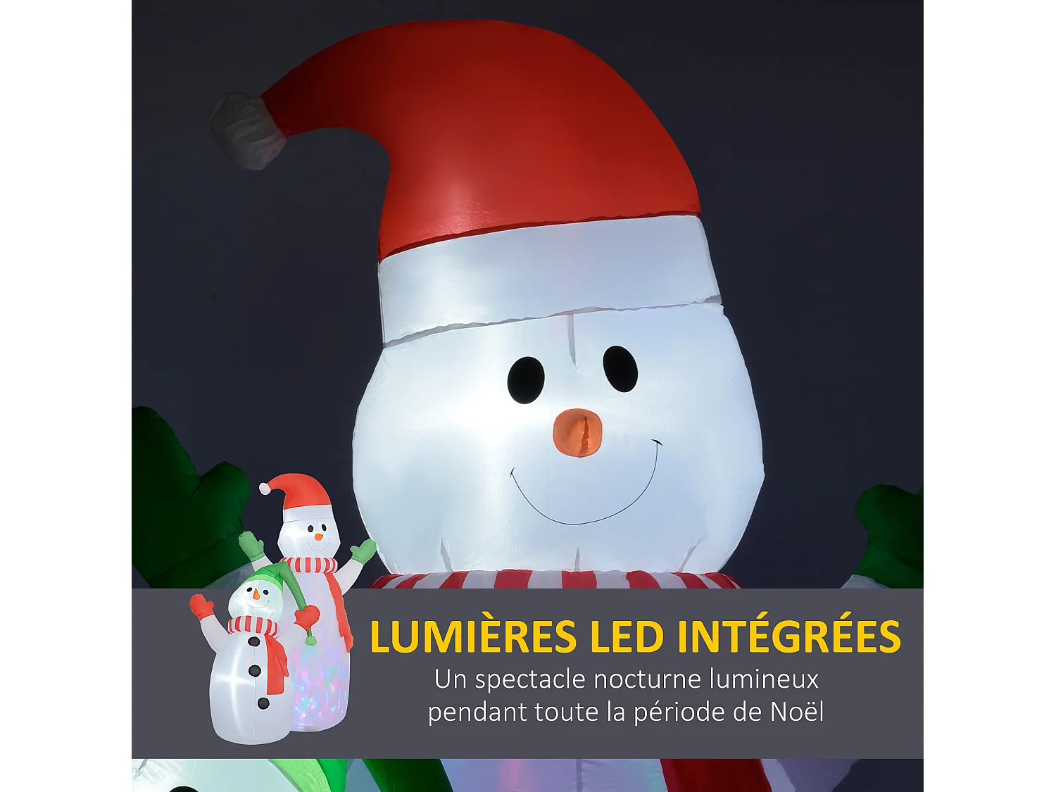 Décoration Noël gonflable dim. 190L x 110l x 240H cm - Bonhomme de neige gonflable de Noël extérieur intérieur LED rotatives colorées