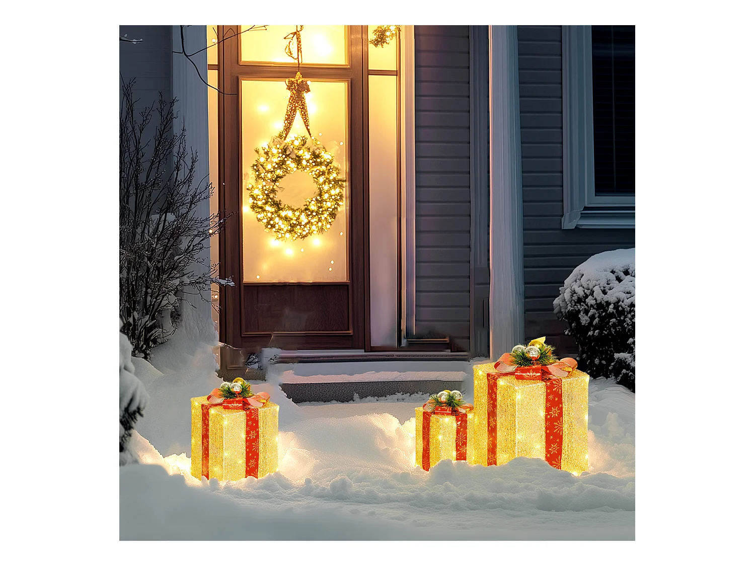 Lot de 3 boîtes cadeaux Noël lumineux extérieur 58 LED blanc chaud 3 noeuds rouge