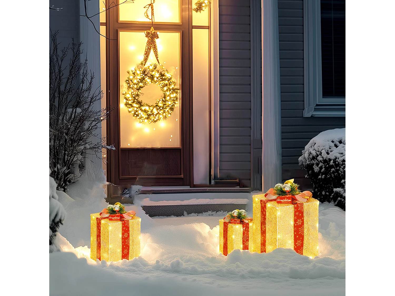 Lot de 3 boîtes cadeaux Noël lumineux extérieur 58 LED blanc chaud 3 noeuds rouge