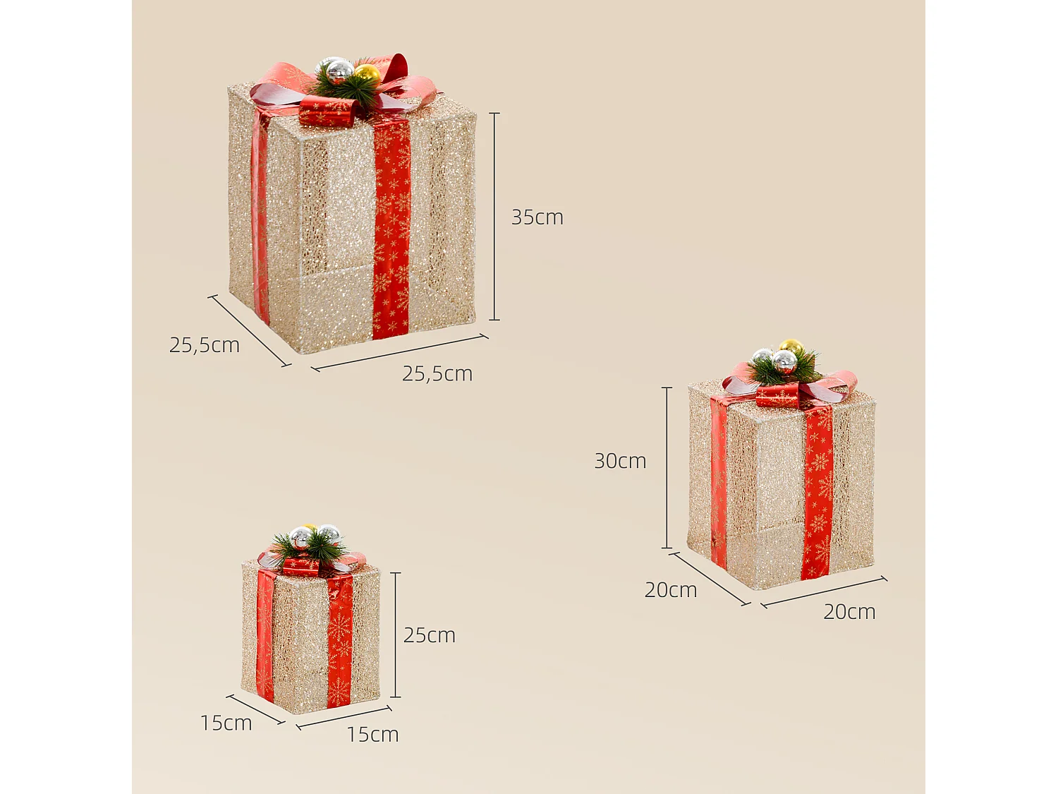 Lot de 3 boîtes cadeaux Noël lumineux extérieur 58 LED blanc chaud 3 noeuds rouge