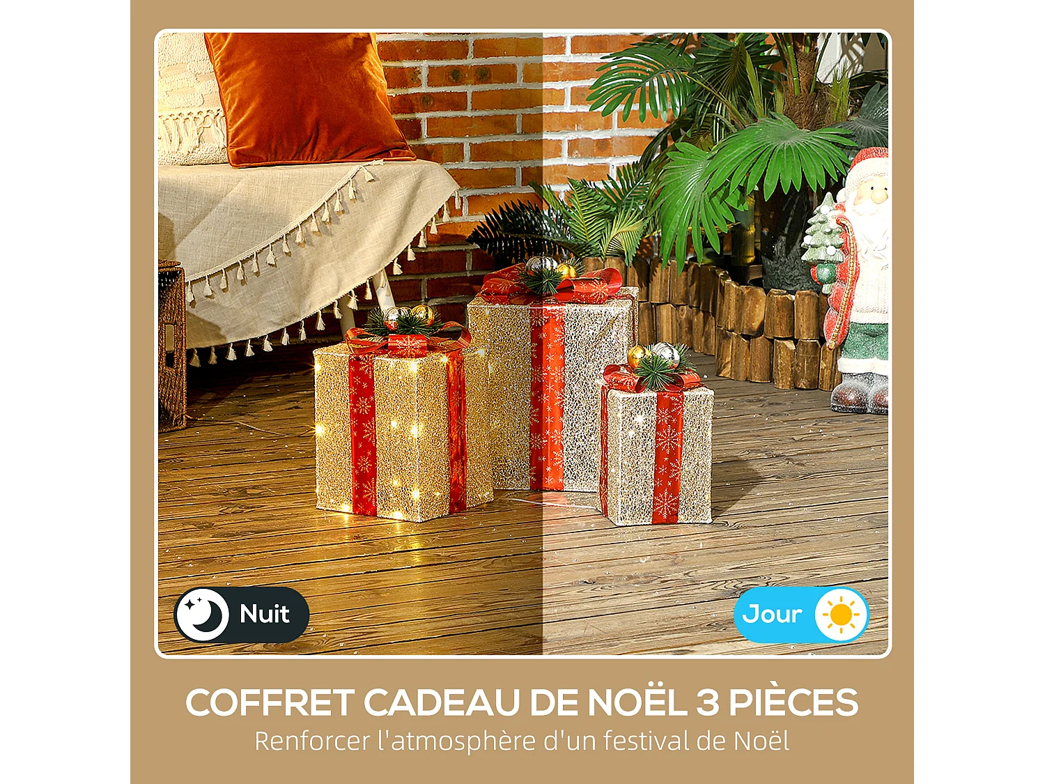 Lot de 3 boîtes cadeaux Noël lumineux extérieur 58 LED blanc chaud 3 noeuds rouge