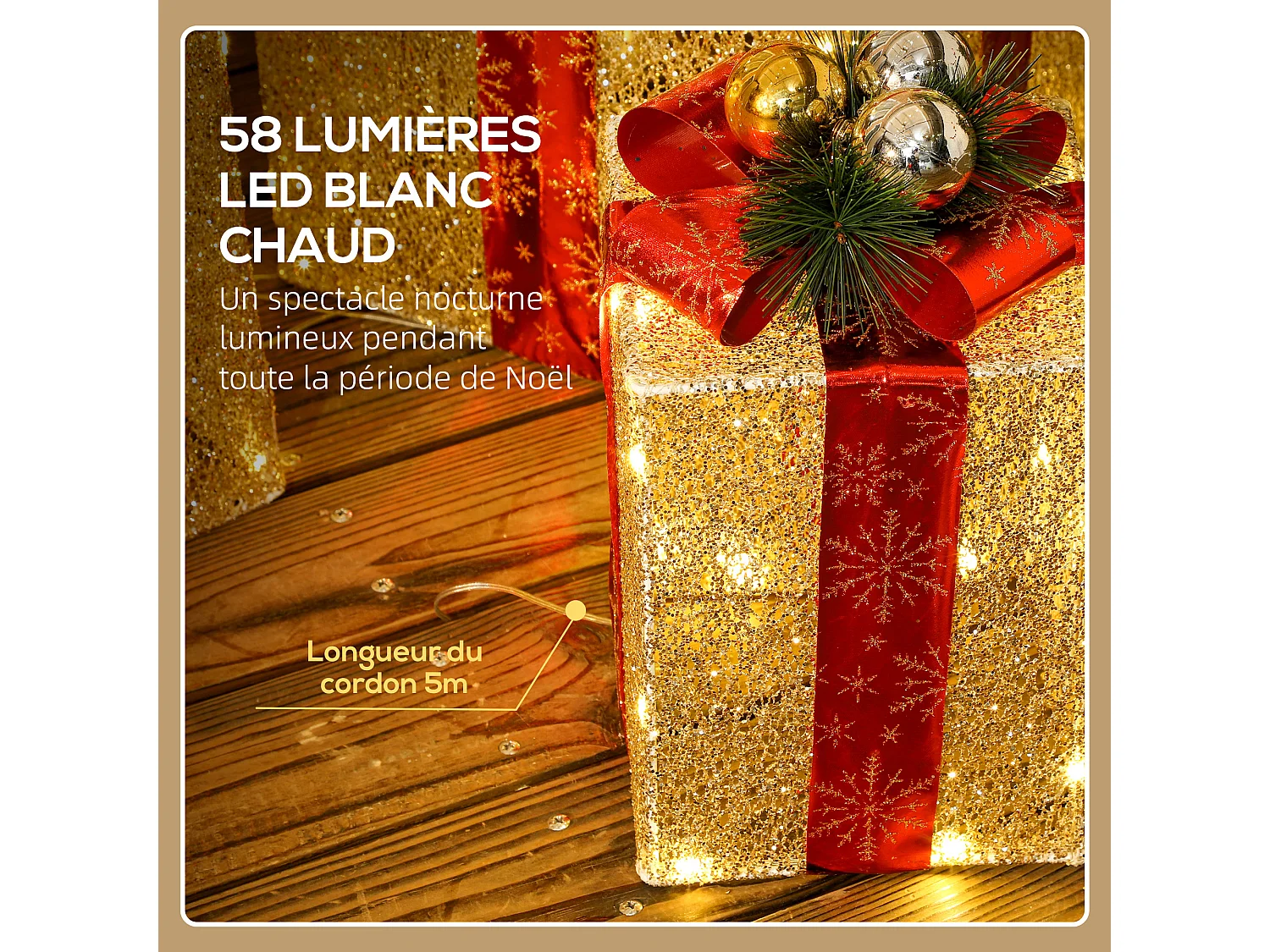 Lot de 3 boîtes cadeaux Noël lumineux extérieur 58 LED blanc chaud 3 noeuds rouge