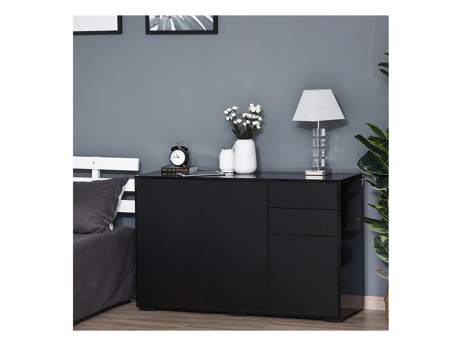 Commode buffet de rangement 2 tiroirs coulissants 3 portes étagère réglable panneaux de particules 117 x 36 x 74 cm noir