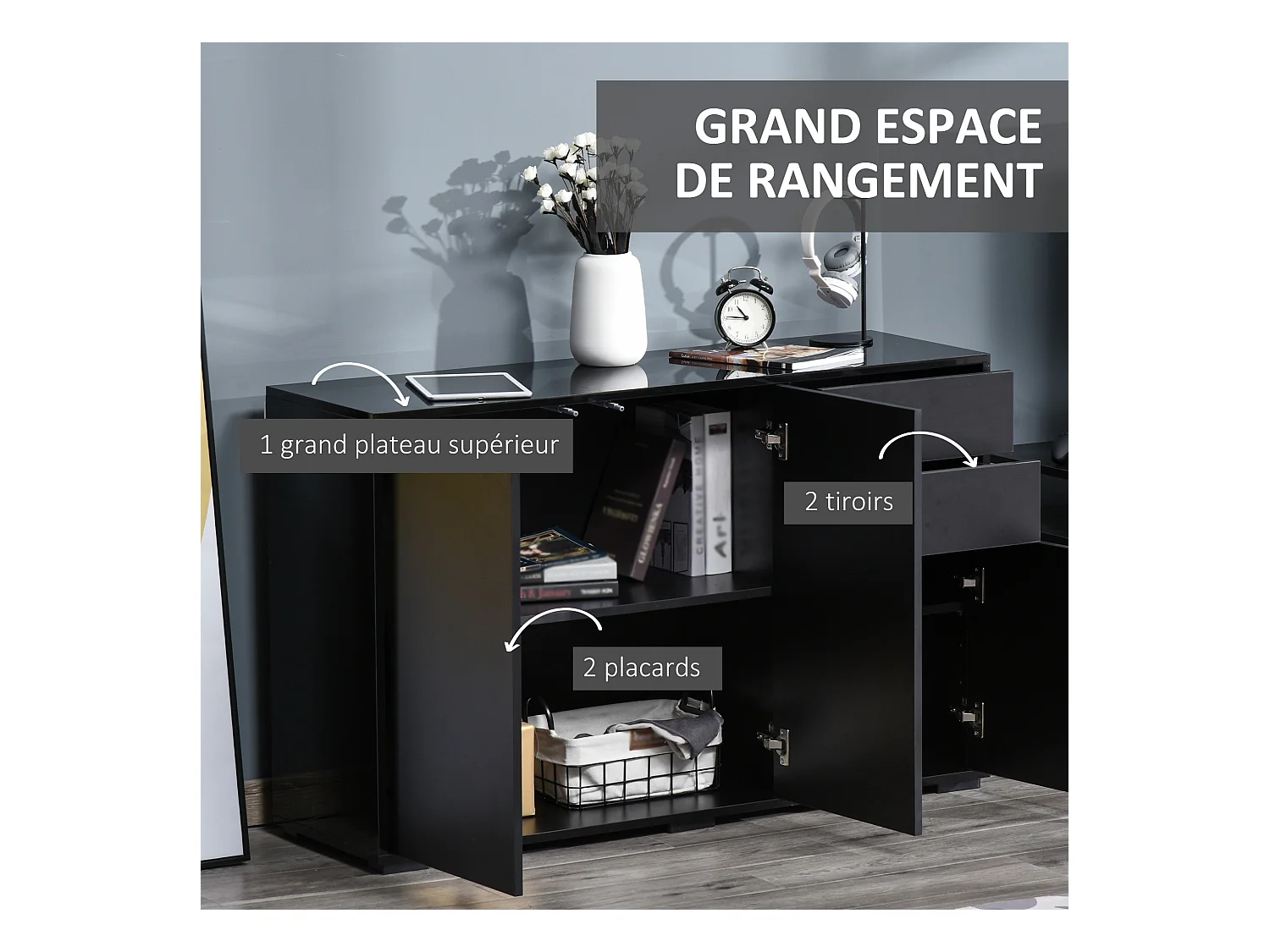Commode buffet de rangement 2 tiroirs coulissants 3 portes étagère réglable panneaux de particules 117 x 36 x 74 cm noir