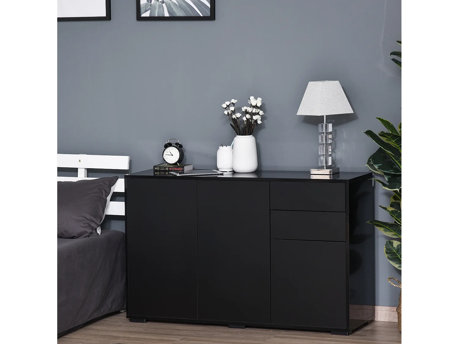 Commode buffet de rangement 2 tiroirs coulissants 3 portes étagère réglable panneaux de particules 117 x 36 x 74 cm noir