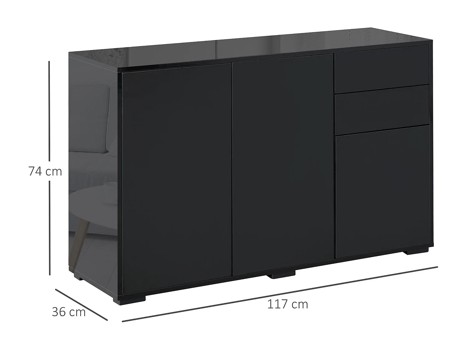 Commode buffet de rangement 2 tiroirs coulissants 3 portes étagère réglable panneaux de particules 117 x 36 x 74 cm noir