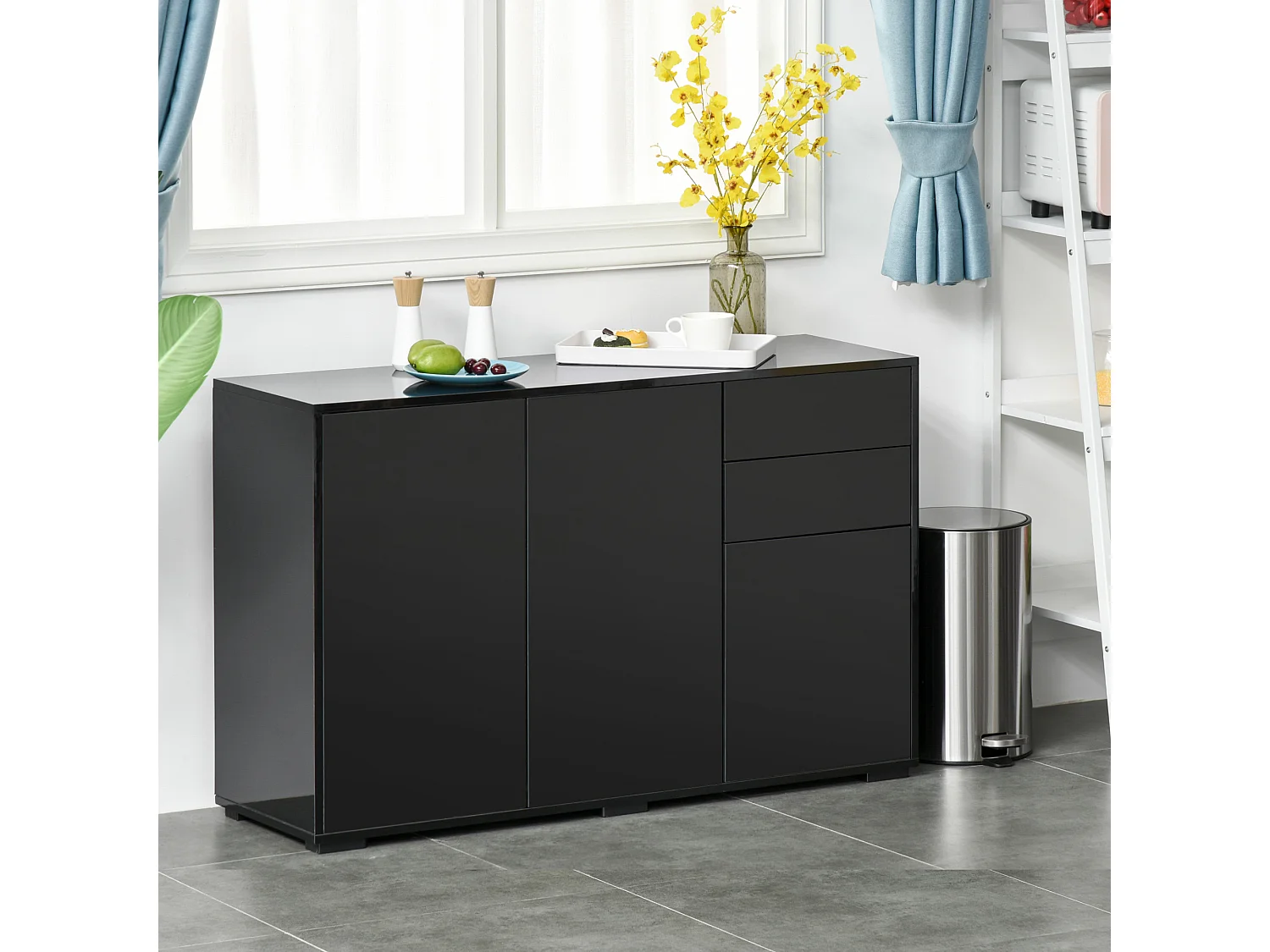Commode buffet de rangement 2 tiroirs coulissants 3 portes étagère réglable panneaux de particules 117 x 36 x 74 cm noir