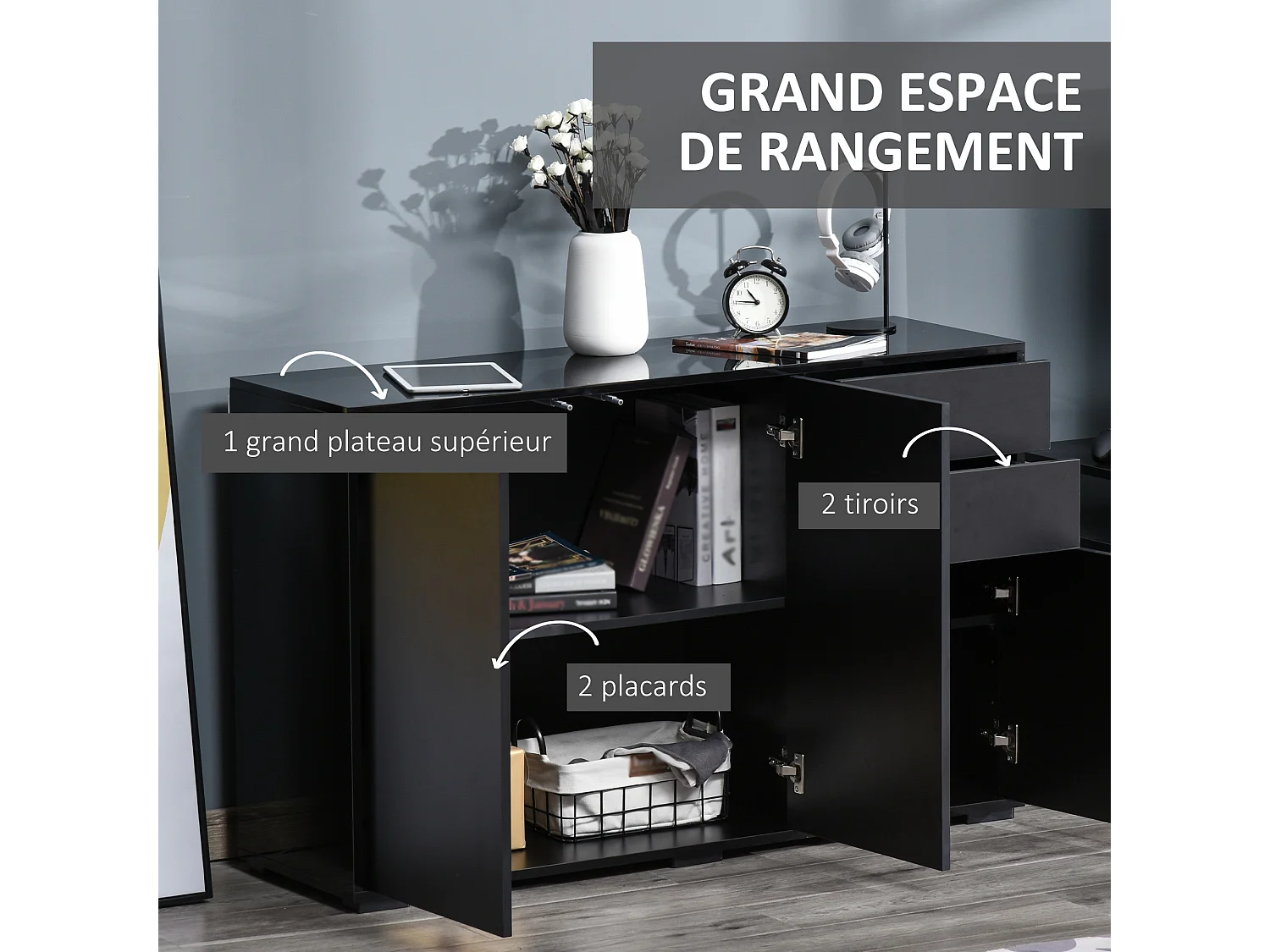 Commode buffet de rangement 2 tiroirs coulissants 3 portes étagère réglable panneaux de particules 117 x 36 x 74 cm noir