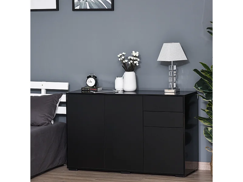 Commode buffet de rangement 2 tiroirs coulissants 3 portes étagère réglable panneaux de particules 117 x 36 x 74 cm noir