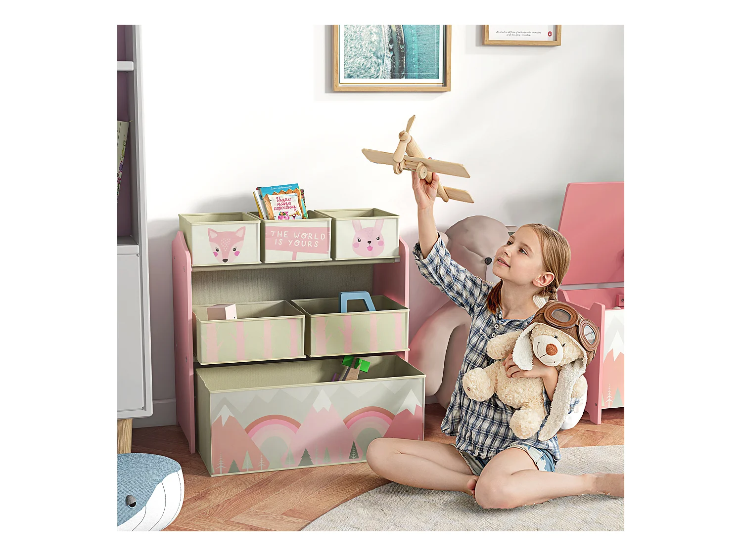 Étagère de rangement enfant design mountain adventure - 6 tiroirs - MDF tissu non tissé - rose