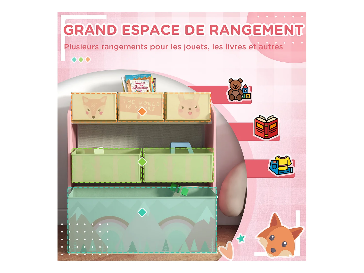 Étagère de rangement enfant design mountain adventure - 6 tiroirs - MDF tissu non tissé - rose