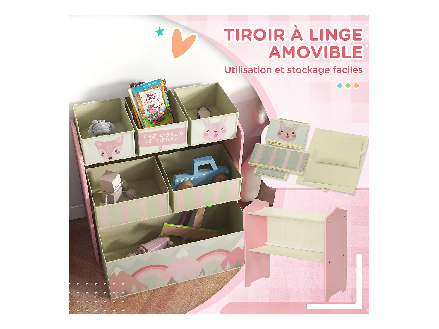 Étagère de rangement enfant design mountain adventure - 6 tiroirs - MDF tissu non tissé - rose